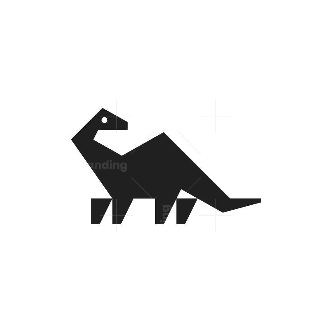 Minimal geometric brontosaurus dinosaur logo in black with angular shapes and a white eye