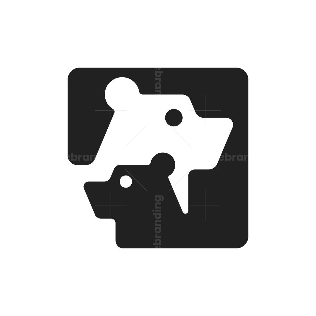 Modern logo with two stylized bear heads facing right in a square with contrasting black and white sections